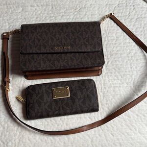 Michael Kors Dark Brown Monogram Crossbody and Wallet
